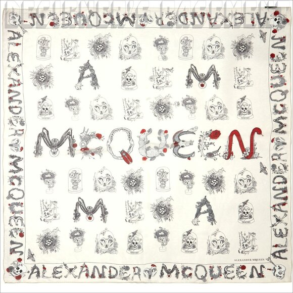 Alexander McQueen Accessories - ALEXANDER MCQUEEN white letters SKULL CABINETS silk chiffon 52" sqr scarf shawl